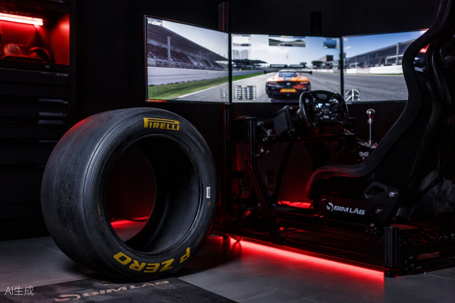 The sim rig corner — race-used GT racing tire display idea