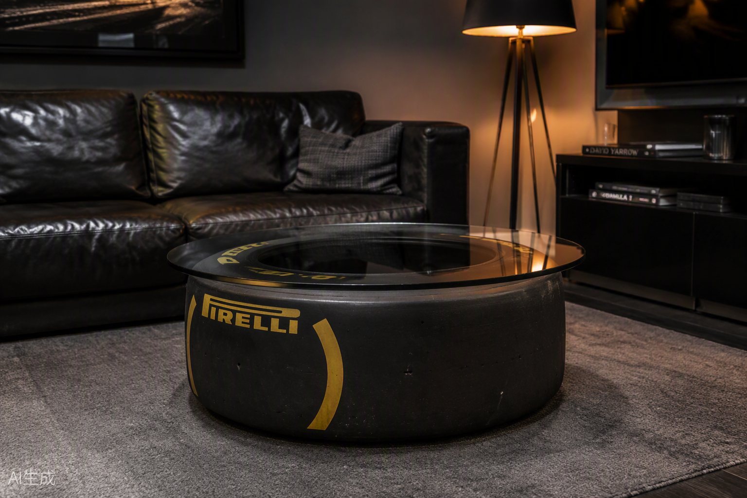 The coffee table — race-used GT racing tire display idea